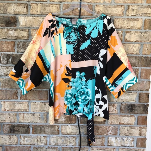 Chico’s Patchwork Floral Dolman 3/4 Sleeve Tie-Waist Relaxed Fit Blouse 3/XL/16 - Picture 2 of 13